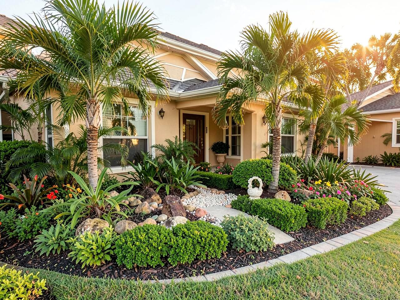 Landscaped Florida front yard with palms, shrubs and fresh mulch